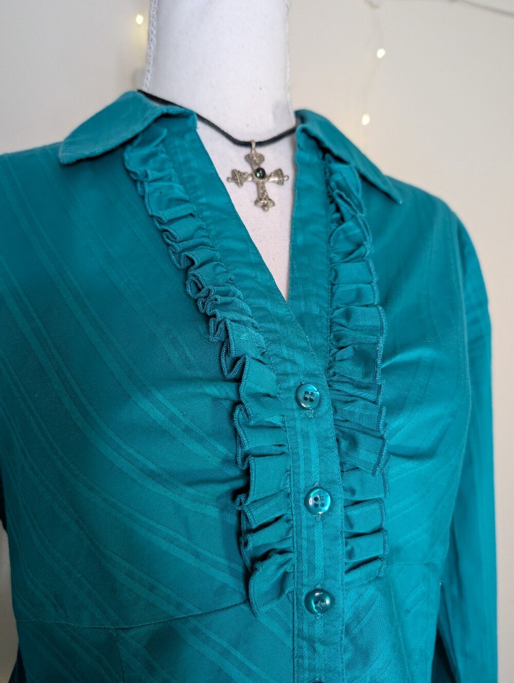 Ricki's Teal Ruffle-Front Button Blouse - Picture 2 of 10